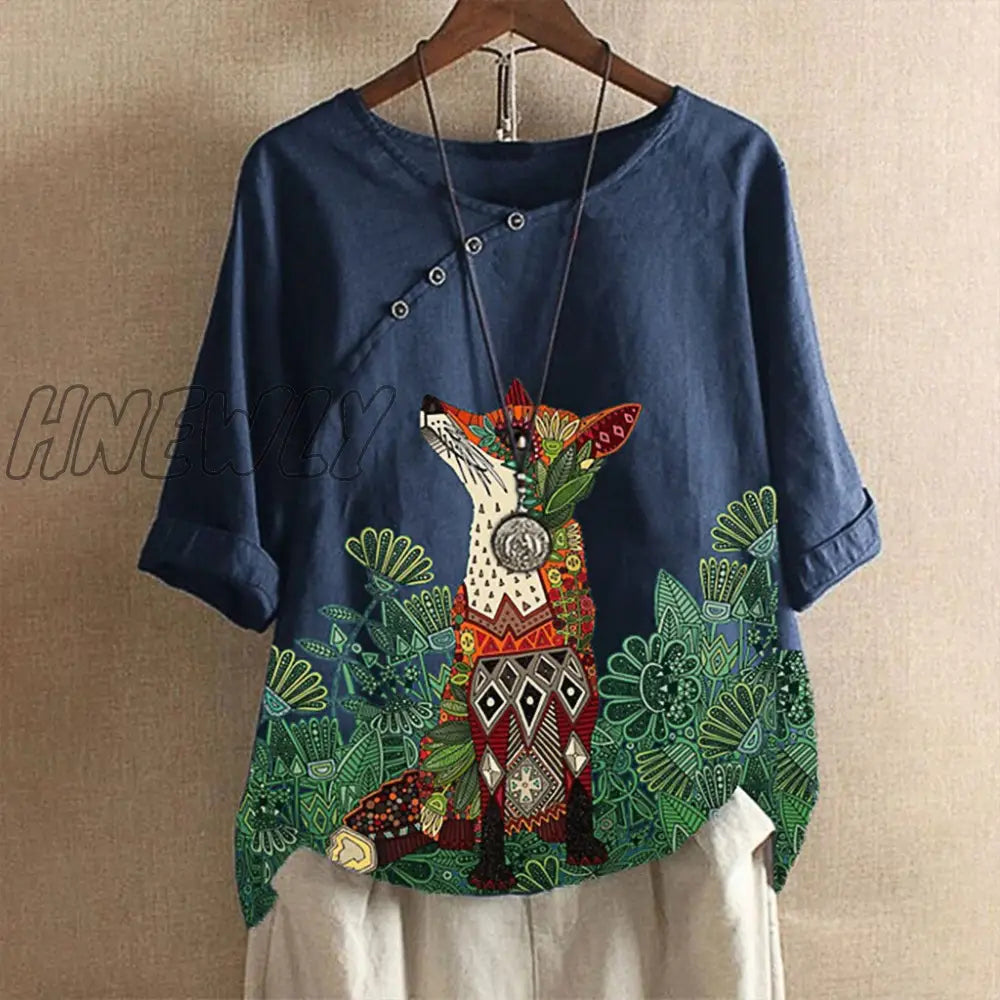 Womens Fox Printed Shirt Lady Loose Blouse Single - Breasted Casual Buttontop Linen Plus Size Boho