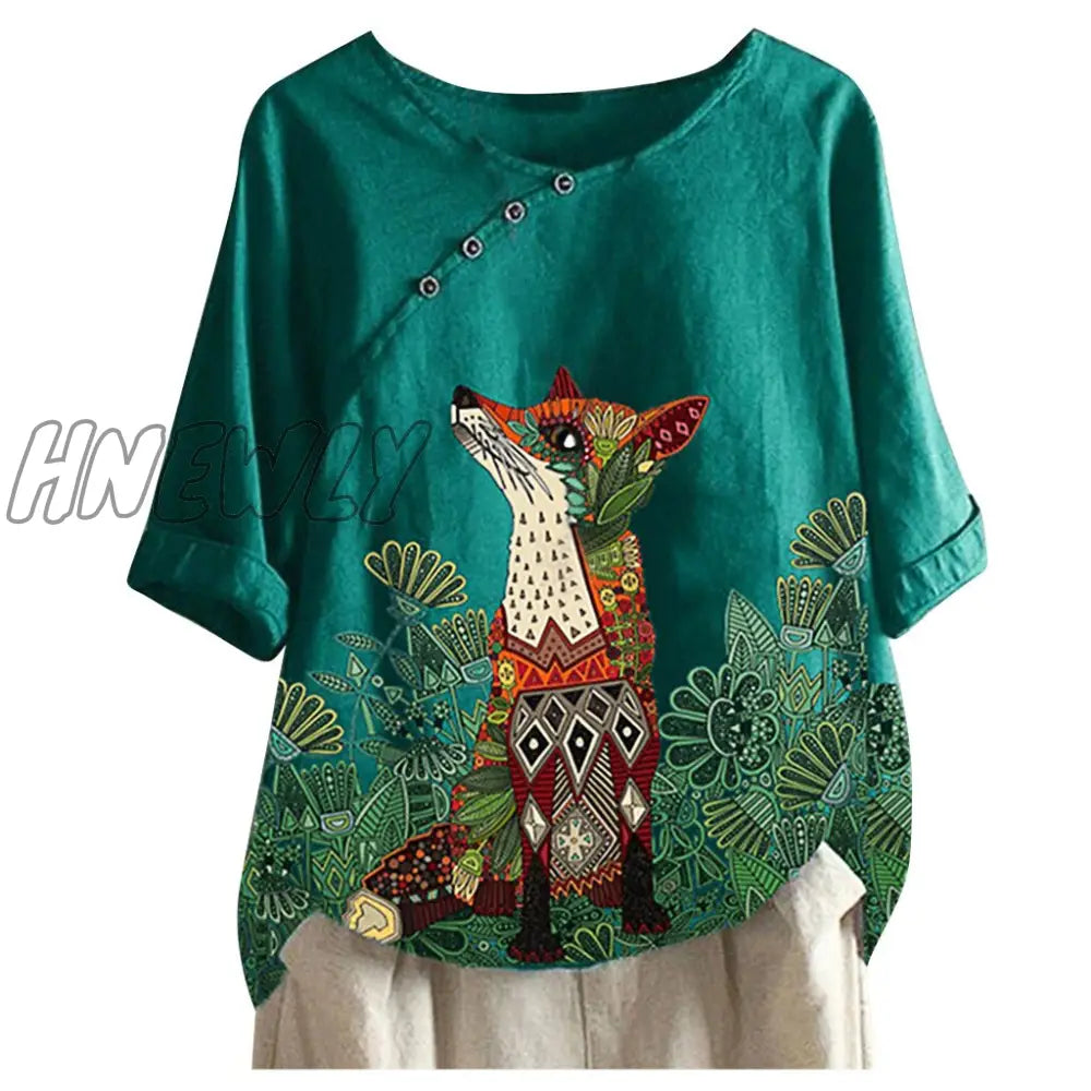 Womens Fox Printed Shirt Lady Loose Blouse Single - Breasted Casual Buttontop Linen Plus Size Boho