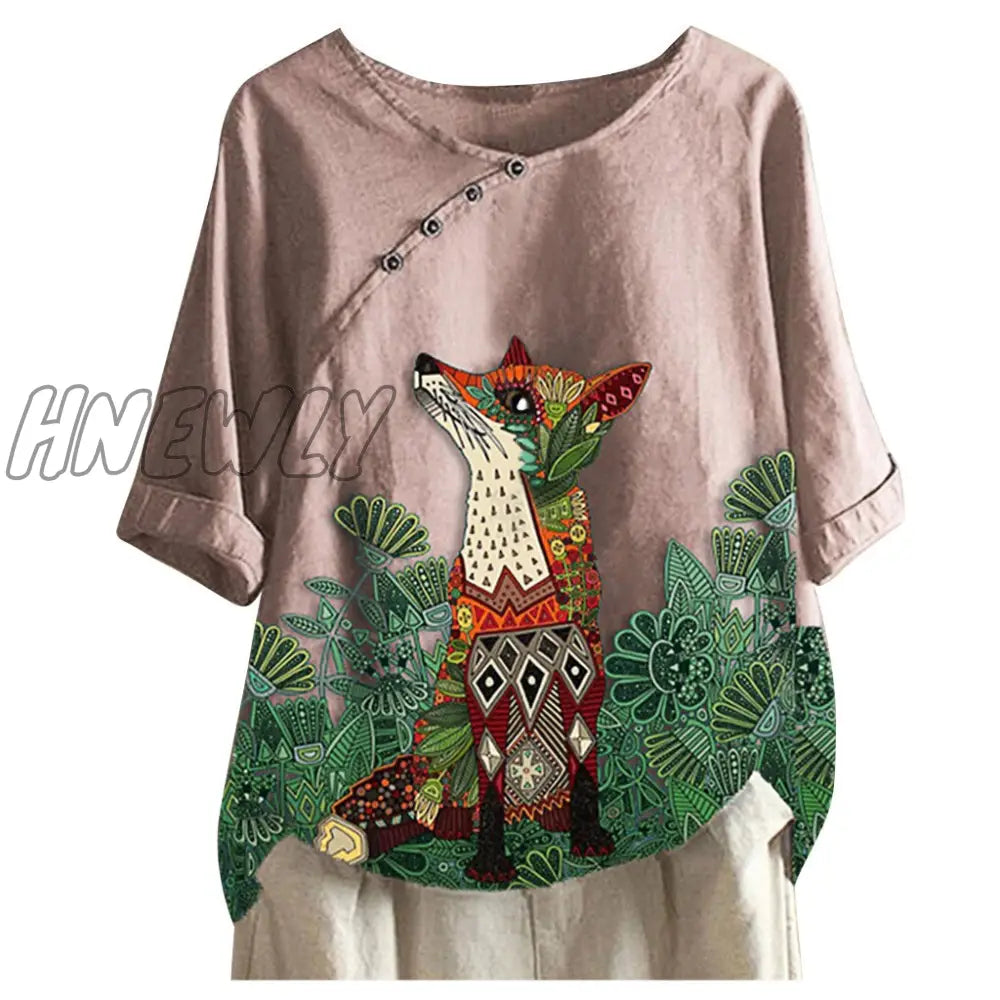 Womens Fox Printed Shirt Lady Loose Blouse Single - Breasted Casual Buttontop Linen Plus Size Boho