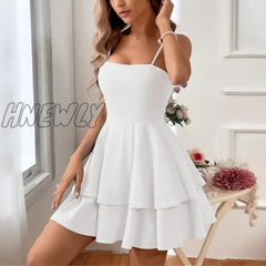 Womens Spaghetti Strap Solid Summer Tie Back Mini Dresses Sexy Square Neck Backless Ruffle Hem