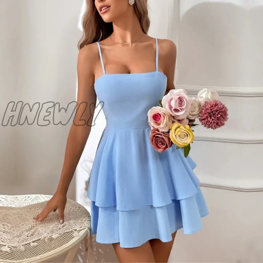 Womens Spaghetti Strap Solid Summer Tie Back Mini Dresses Sexy Square Neck Backless Ruffle Hem