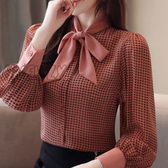 Womens Tops And Blouses Long Sleeve Women Shirts Fashion Bow Collor Office Blouse Plaid Chiffon