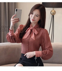 Womens Tops And Blouses Long Sleeve Women Shirts Fashion Bow Collor Office Blouse Plaid Chiffon