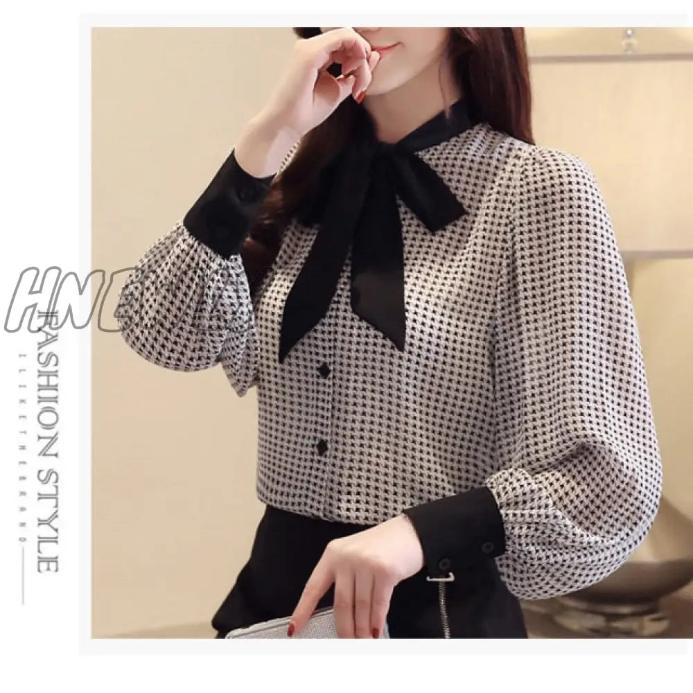 Womens Tops And Blouses Long Sleeve Women Shirts Fashion Bow Collor Office Blouse Plaid Chiffon