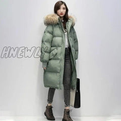 Women’s Winter Long Puffer Jacket Padded Korean Style Large Faux Fur Collar Hooded Thicken Parka