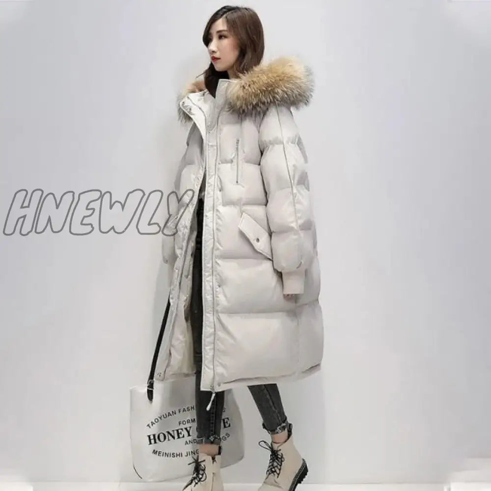 Women’s Winter Long Puffer Jacket Padded Korean Style Large Faux Fur Collar Hooded Thicken Parka