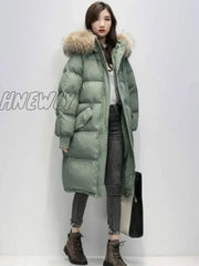 Women’s Winter Long Puffer Jacket Padded Korean Style Large Faux Fur Collar Hooded Thicken Parka