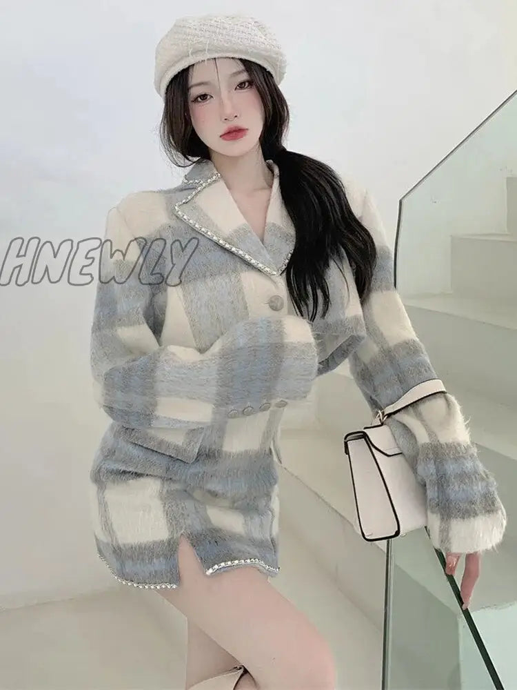 Women’s Wool Set 2 Pieces Plaid Skirt And Cropped Blazer Suits Autumn Winter Elegant Fashion High