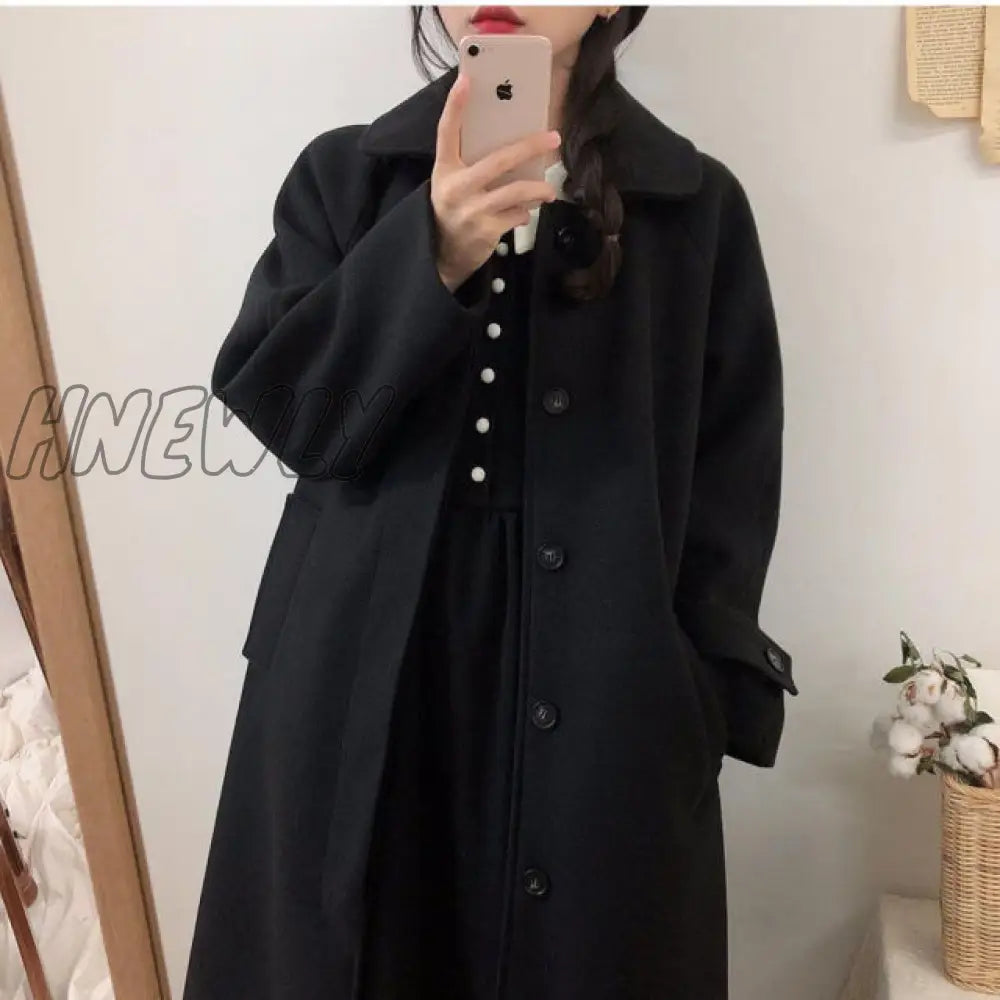 Woolen Coat Women’s Mid - Length Winter New Korean Style Loose And Thin Thickened Over - The -