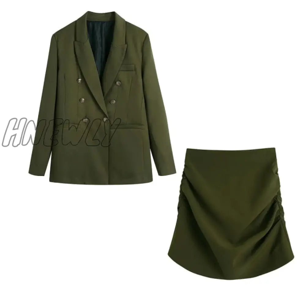 Xikom Women Two - Piece Set Vintage Green Office Lady Double Breasted Blazer Coat Female Casual