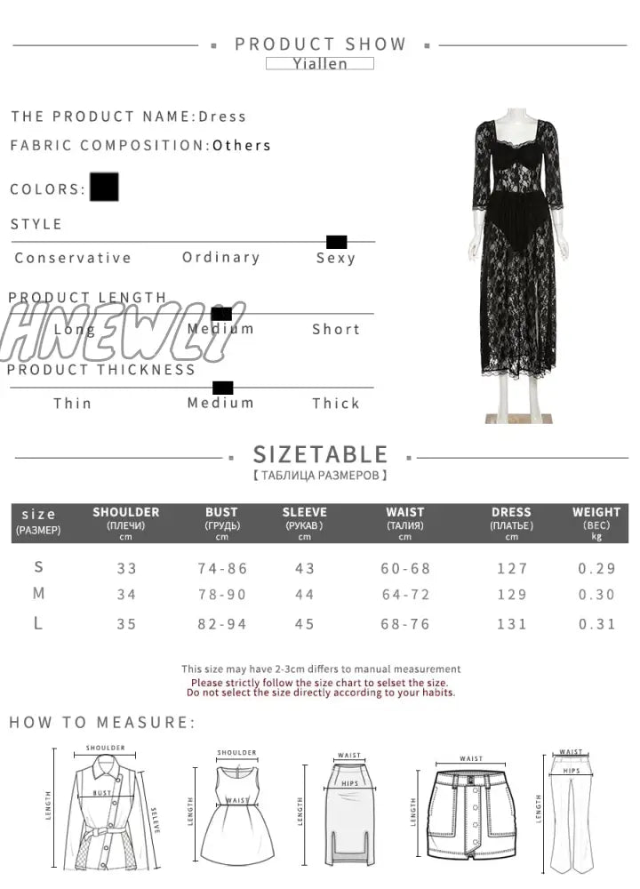 Y2K Fashion Party Vacation Beach Sexy Black Lace Long Dress Women’s Spring Quarter Sleeve Mid -