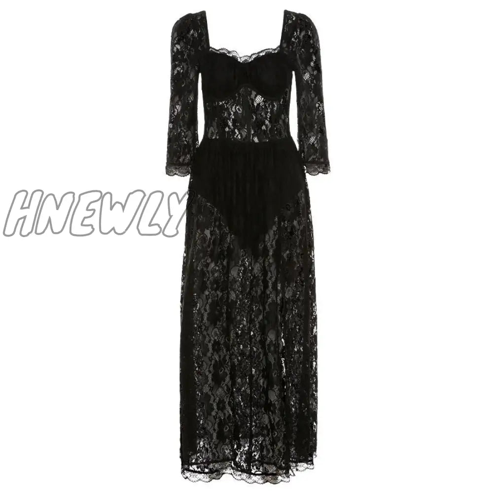 Y2K Fashion Party Vacation Beach Sexy Black Lace Long Dress Women’s Spring Quarter Sleeve Mid -