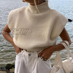 Yuan’s And Winter New Pure Color Woolen Sweater Sexy Temperament High Neck Short Sleeve Top