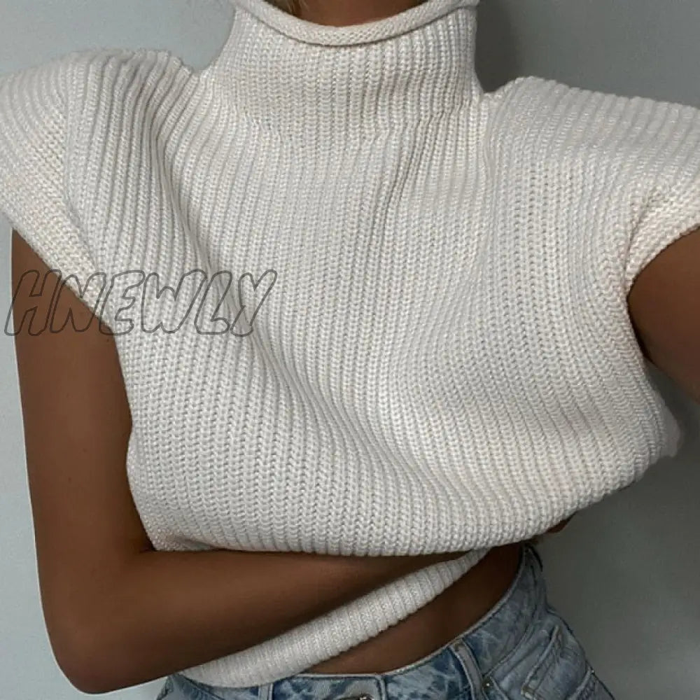 Yuan’s And Winter New Pure Color Woolen Sweater Sexy Temperament High Neck Short Sleeve Top