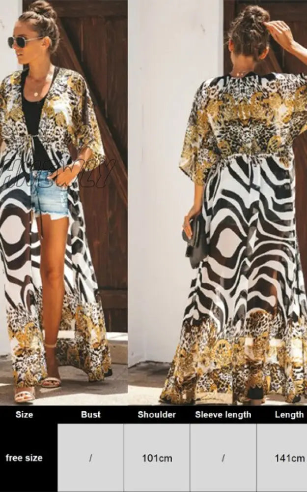 Zebra Snake Print Chiffon Beach Cover Up Tunics For Long Kaftan Beachwear Boho Chic Hippie